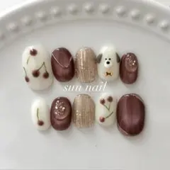 さくらんぼネイル　マグネット　ネイルチップ　犬ネイル　韓国　春ネイル　ちゅるん
