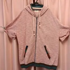 メンズ大きいサイズ　5L　半袖　フード付きピンク系ジップアップパーカー