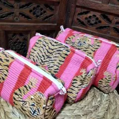 インド キルトポーチ3点セット ピンク アニマル タイガー【6O-31】
