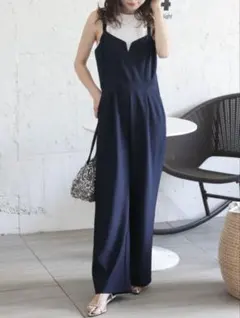 Vネックワイドレッグオールインワン　黒　L