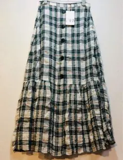 zara ザラ リネン　ロングスカート　ギンガムチェック柄 グリーン