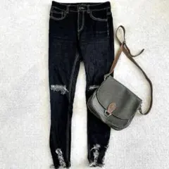 ジーナシス◇ダメージ加工 スキニーデニム ジーンズ フリンジ カットオフ M