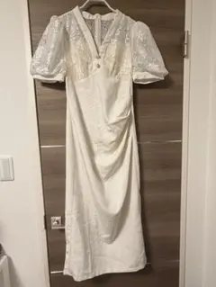 ホワイト レース パフスリーブ ロングドレス キャバドレス　チャイナドレス風