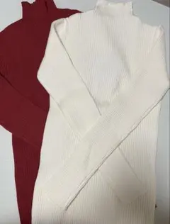 新品　リブ　ハイネックニット　赤白　2点セット