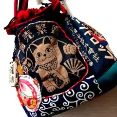 なんだかめんこい(=゜ω゜=)♥柿渋染招き猫x唐子のショルダー付トートバッグ