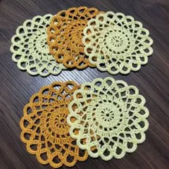 ハンドメイド コースター レース編み イエロー からし色 5枚セット