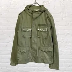 10805 レイカズン ミリタリージャケット カーキ ビジュー スタッズ M古着