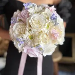 アイボリー×ピンク×水色ラウンドブーケ☆ブートニア