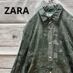 ZARA 総柄レーヨン混シャツ 緑 個性的 お洒落