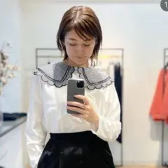 Yori ヨリ　ギンガムスカラップカラーロンT Tシャツ　ブラウス 2023AW yori スカラップカラーロンTee ネイビー F - メルカリ