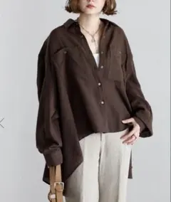 【新品】BONJOUR SAGAN リネンライクフレアシャツ／ダークブラウンのサムネイル