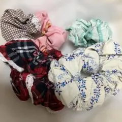 S277 手製 シュシュ カラフル レース 総柄 チェック 花柄 ケーキ柄 4個