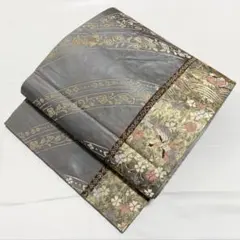 A ◆着物くつろぎ 鴛鴦 花々 唐草唐花 引箔 正絹 六通 袋帯 O78