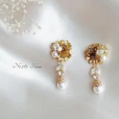 No.343　ゴールド×パール　本物のお花のピアス　イヤリング
