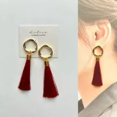 1713 再版*レッドタッセル*ゴールドツイストリングピアス・イヤリング