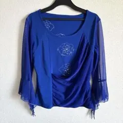 社交ダンス　トップス　ブルー　花柄刺繍 フレアスリーブ