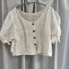 アイボリー クロシェ編み 半袖トップス Fサイズ