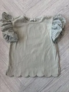 グリーン フリル袖 チェック柄 Tシャツ