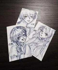 手描きイラスト 原画 カード ボールペン 一点物 男の子 3点セット