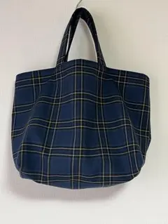ハンドメイド　スモークネイビー系タータンチェックのミニトート　手提げ　裏地なし