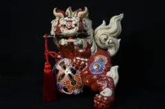 【完品・希少】九谷焼八幡窯　須栄義作　剣獅子玉乗り獅子　置物　魔除け　６号 完品・希少】九谷焼八幡窯 須栄義作 剣獅子玉乗り獅子 置物 魔除け 6