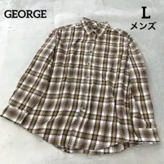 GEORGE メンズ チェック柄ネルシャツ ブラウン Lサイズ