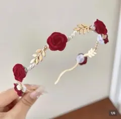 ウェディング ヘッドドレス 赤と白の花飾り 美女と野獣