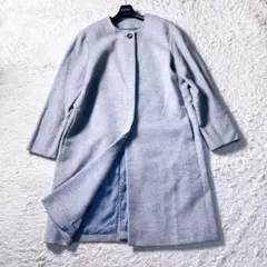 美品◆23区 ウールアンゴラ ノーカラー ビーバー コート ロング　グレー L
