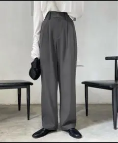 me+em select 太ベルトハイウエストカラータックスラックス グレー Ｌ