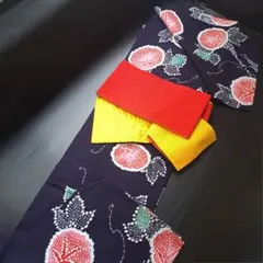 昭和レトロ 手縫い浴衣 浴衣•正絹帯セット お仕立て品 一点物 レトロ柄 紺