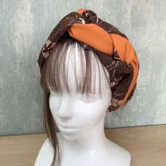 和風編み込みターバン　着物リメイク　ヘアバンド　ブラウン&オレンジ