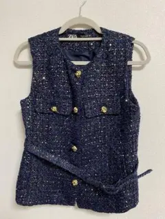 ZARA ツイード ベスト ジレ M ネイビー 金ボタン