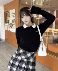 グレイル　ダブルカラーロゴ刺繍ポロニットトップス　 黒【tu1845】