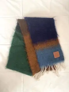【LOEWE】モヘア ストライプ スカーフ マフラー グリーン×ブルー 美品