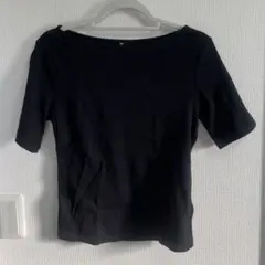 GU リブ ボートネック 半袖Tシャツ ブラック L