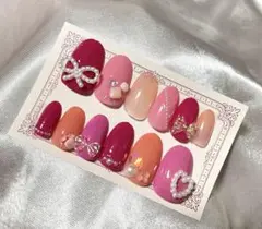 【即購入歓迎】ピンク系リボン付きネイルチップ12個セット