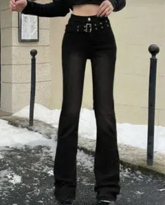 ブラック フレアデニムパンツ ベルト付き