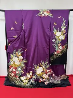 振袖 紫と黒 花柄蝶　絵羽　未仕立て品
