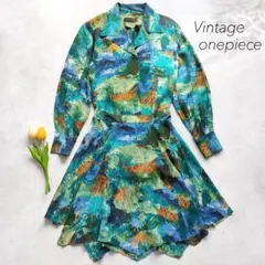 美品 Vintage セットアップ 総柄 マーブル模様 シャツ グリーン ブルー