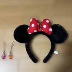 ミニーマウス カチューシャ 赤い水玉リボン➕キーホルダー2個セット