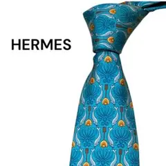 HERMES エルメス シルクネクタイ 魚柄 ブルー系 シェル柄 大剣幅9cmのサムネイル