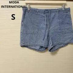 デニム ショートパンツ S 綿100% ウエストゴム 青 ハイウエストレディース