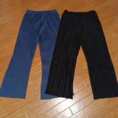 プリーツパンツ ストライプ ワイドパンツ レディース L ブラック ブルー