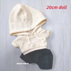 20cm ぬいぐるみ服 ネップ入り生成りフーディー＆チェックパンツ(グリーン系)