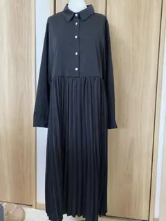 新品　未使用　ゆったりシャツワンピース 長袖 プリーツ　ブラック　Ｓ