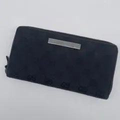 良品✨ グッチ　ラウンドファスナー　ロゴプレート　gg柄　長財布　ブラック