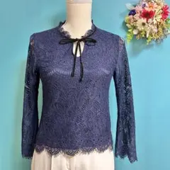 アースミュージックアンドエコロジー 総レースカットソー ネイビー Ｆ