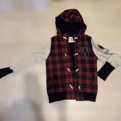 フード付き赤とネイビーのチェックジャケット　M