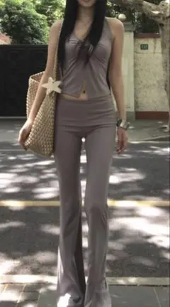 グレー ノースリーブ+フレアパンツセットアップ ギャル　y2k