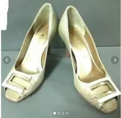 ダイアナ パンプス 21.5 ゴールド×ベージュ×アイボリー オープントゥ